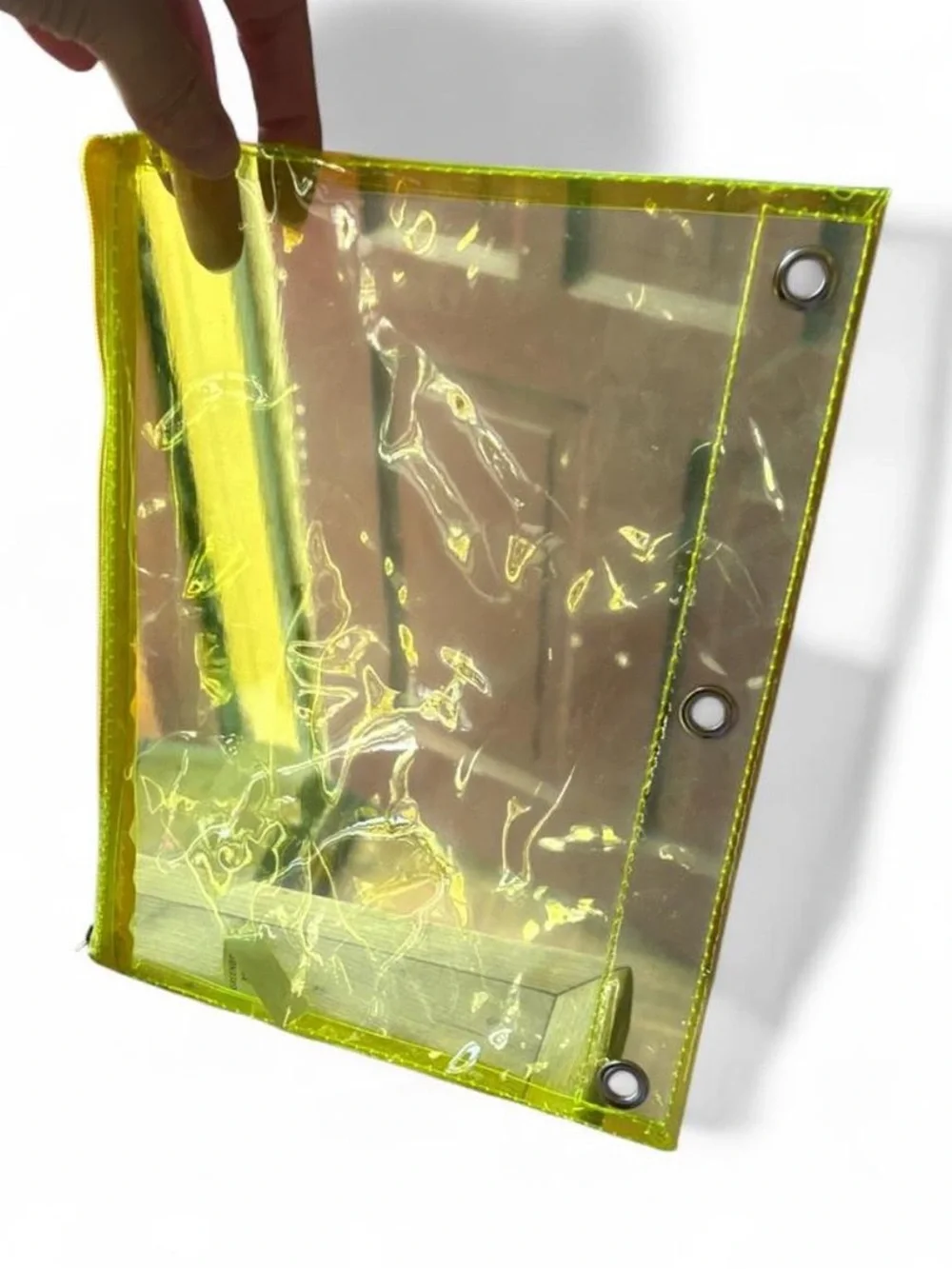Clear Neon Lime Vinyl Zipper Pouch with Binder Holes